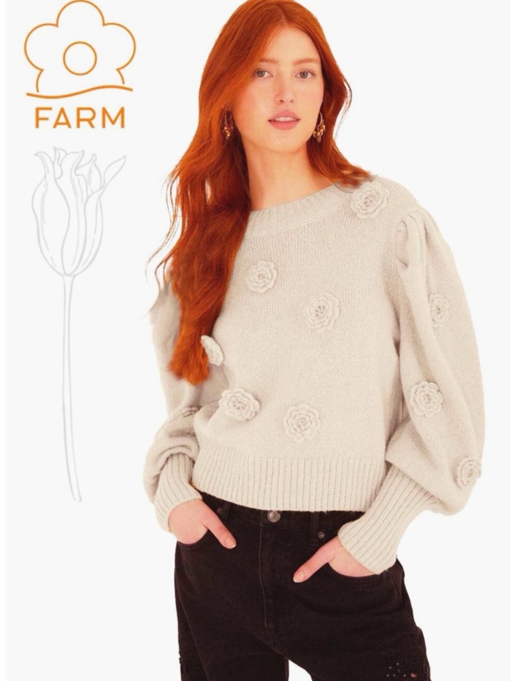 FARM RIO 3D Crochet Flower Crewneck Sweater